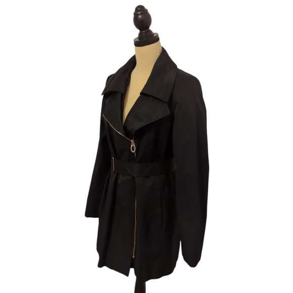 Ivanka Trump Belted Trench Coat Black Jacket Size Medium US Asymmetrical Zipper - Picture 4 of 13